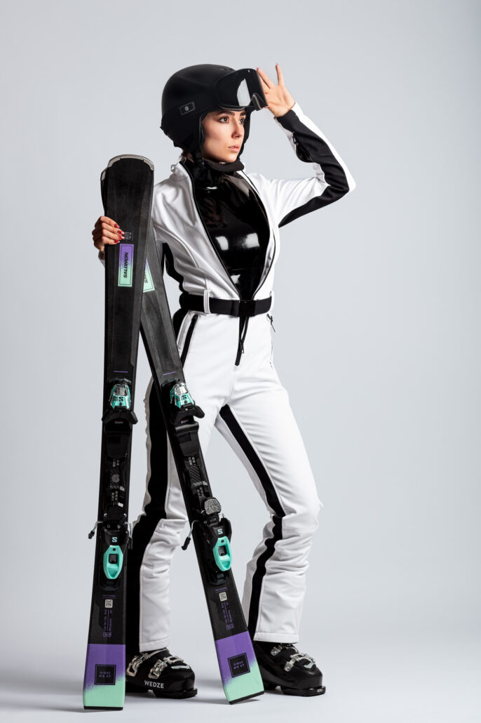 Model Kirsten wears latex underneath her ski outfit